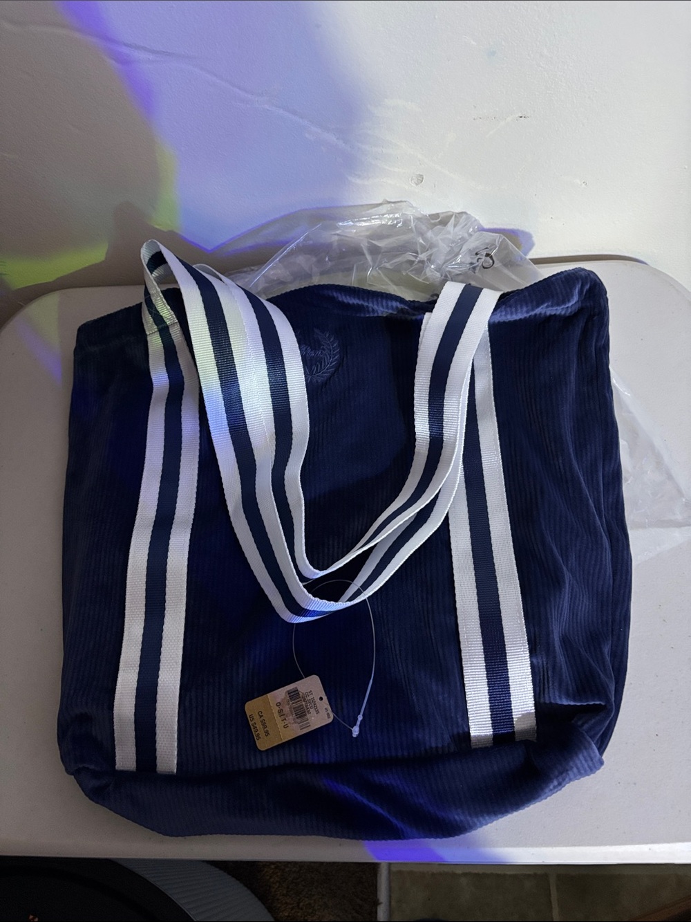 PINK Victoria's Secret Navy Tote with White Striped Handles